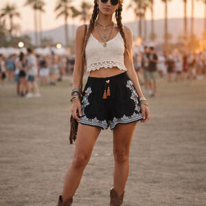 Raga Embroidered Guaze beaded shorts black Sz XS Festival Resort wear boho chic